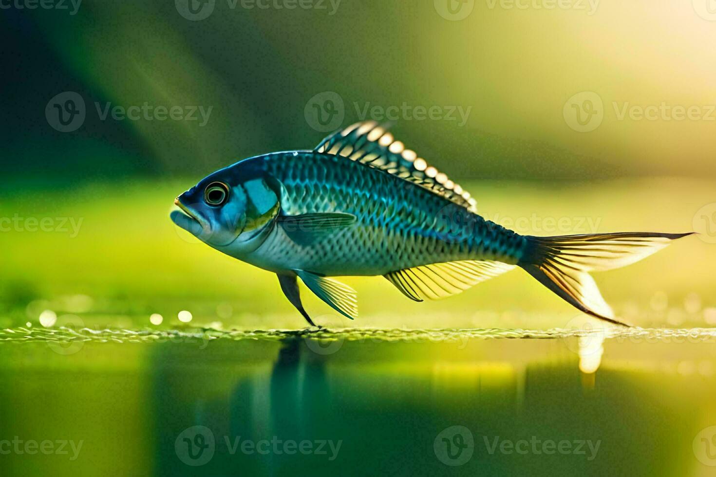 ein Fisch ist Stehen auf das Wasser mit das Sonne leuchtenden. KI-generiert foto