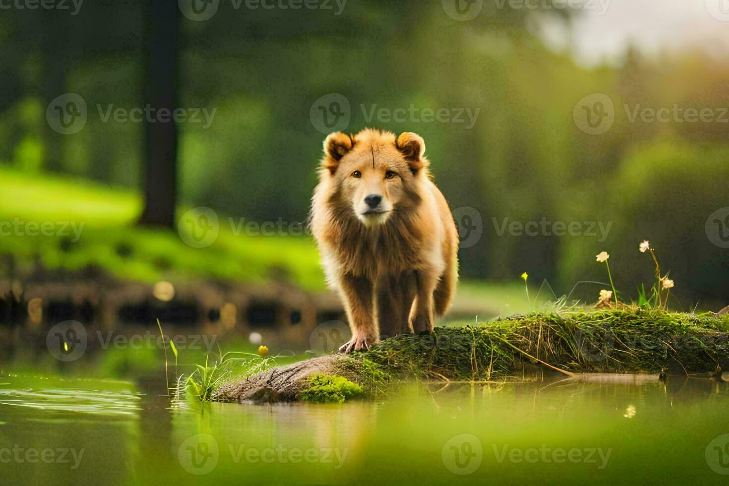 ein Löwe Stehen auf ein Felsen durch das Wasser. KI-generiert foto