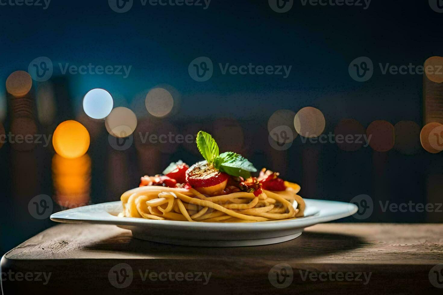 Spaghetti mit Tomate und Basilikum auf ein Platte. KI-generiert foto