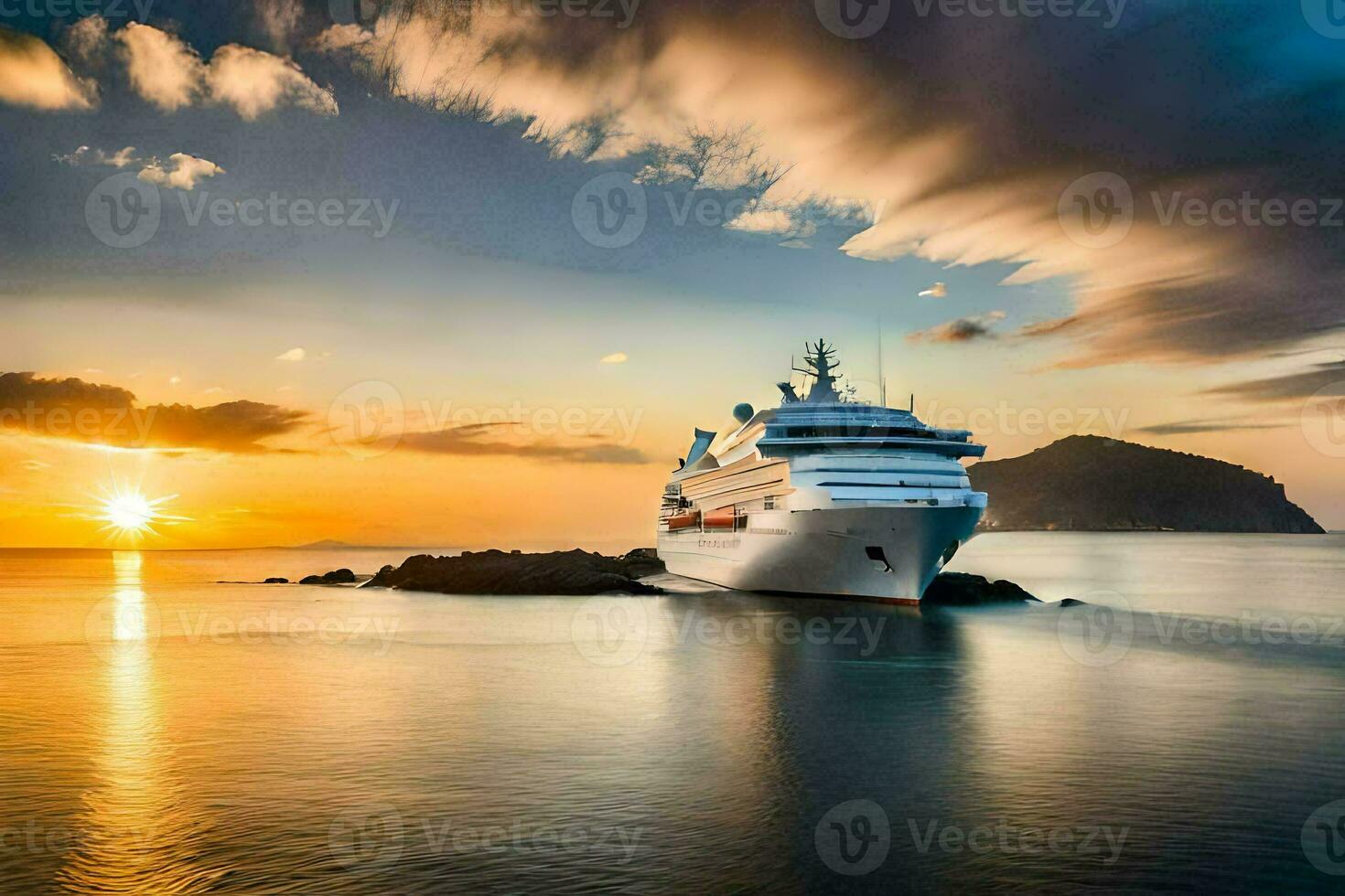 ein Kreuzfahrt Schiff im das Ozean beim Sonnenuntergang. KI-generiert foto