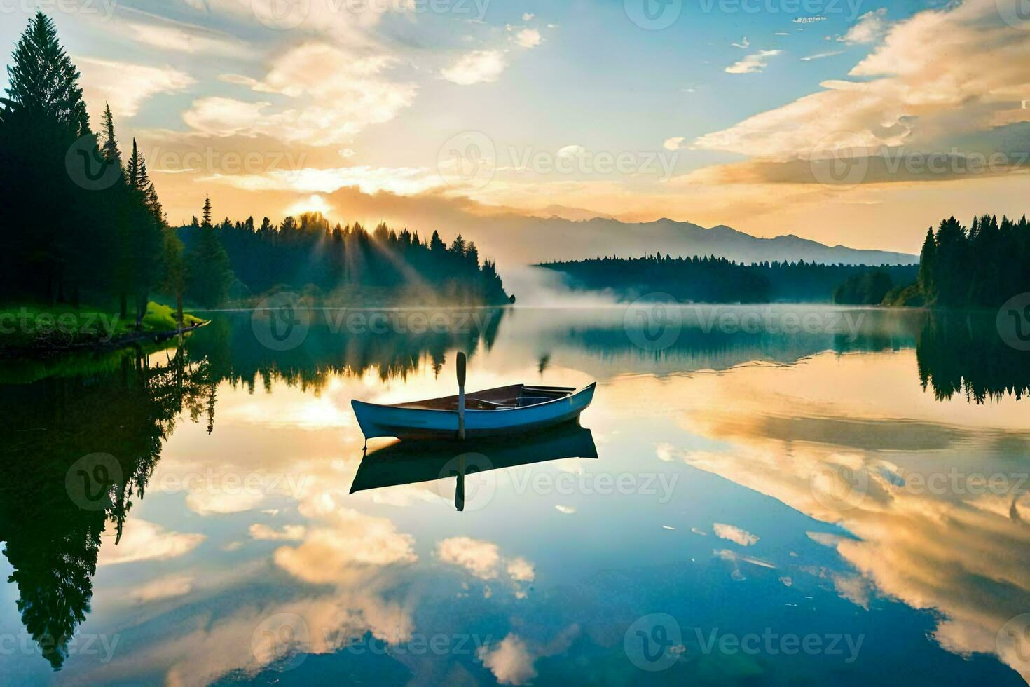 ein Boot ist schwebend auf ein See beim Sonnenuntergang. KI-generiert foto