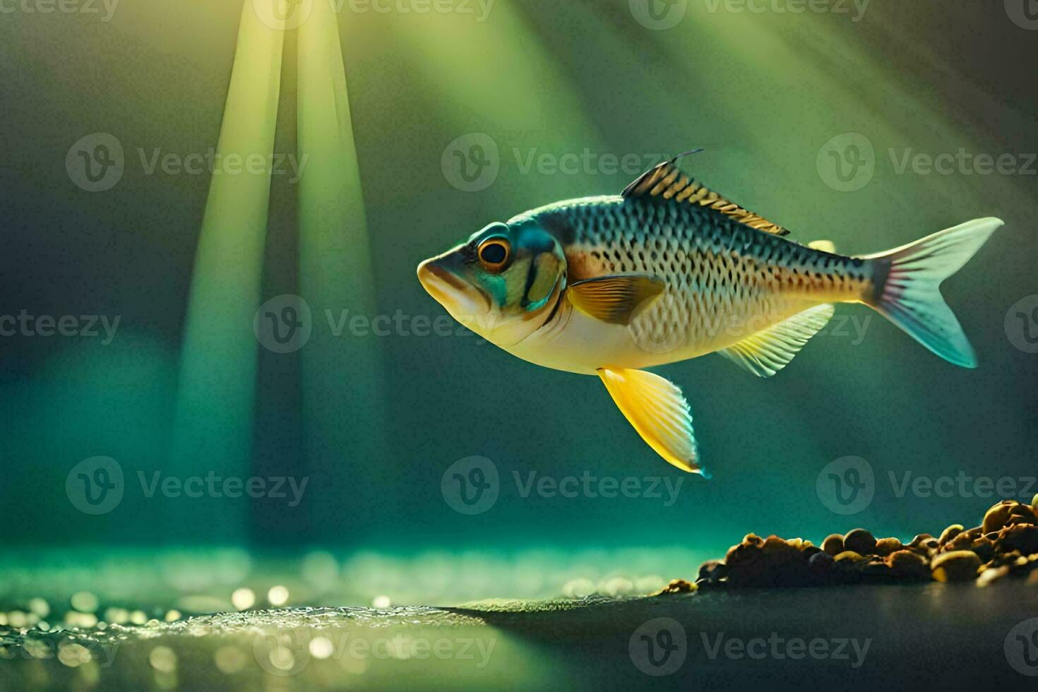 ein Fisch ist Schwimmen im das Wasser mit Sonnenlicht leuchtenden. KI-generiert foto