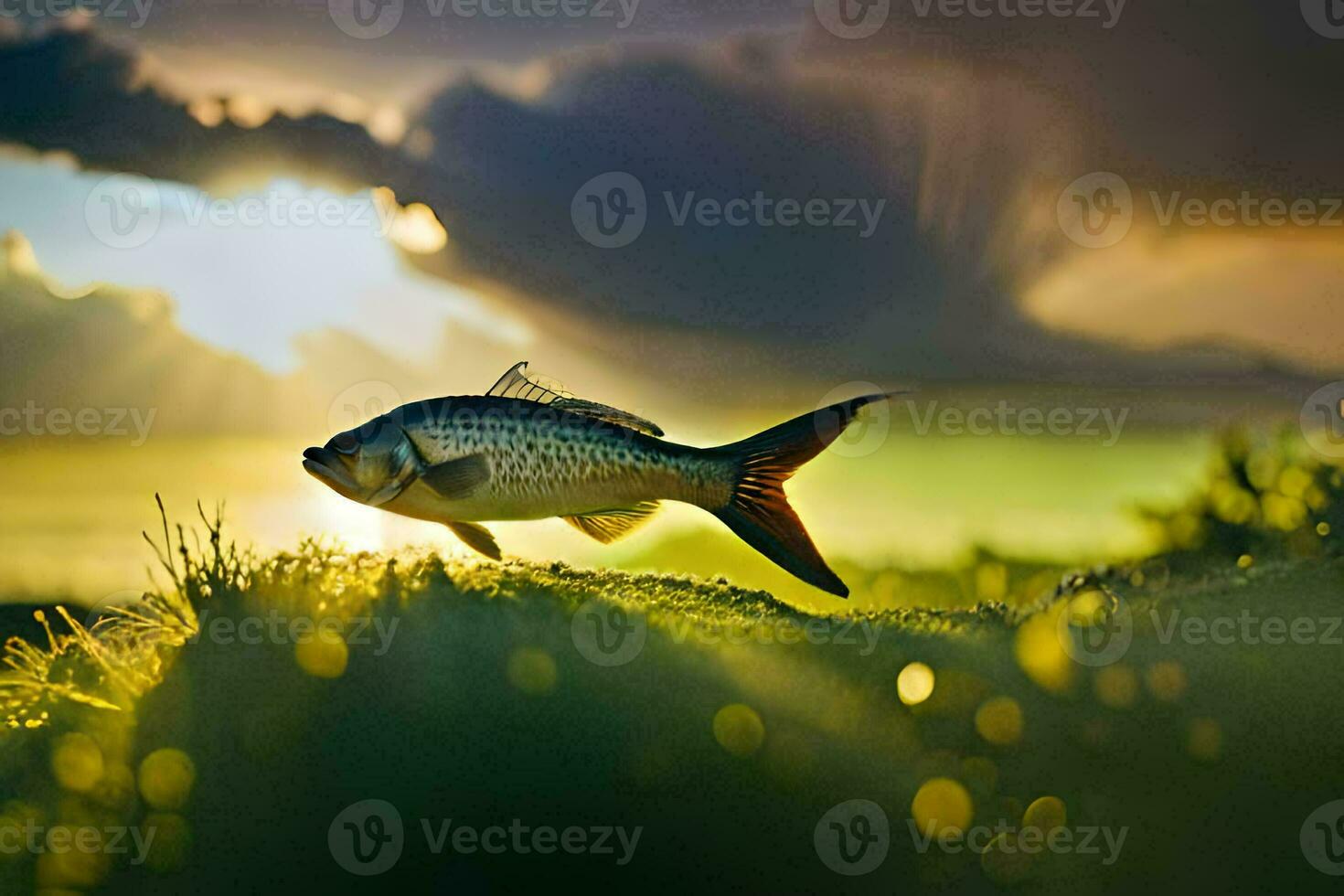 ein Fisch ist Stehen auf das Gras im Vorderseite von ein Sonnenuntergang. KI-generiert foto