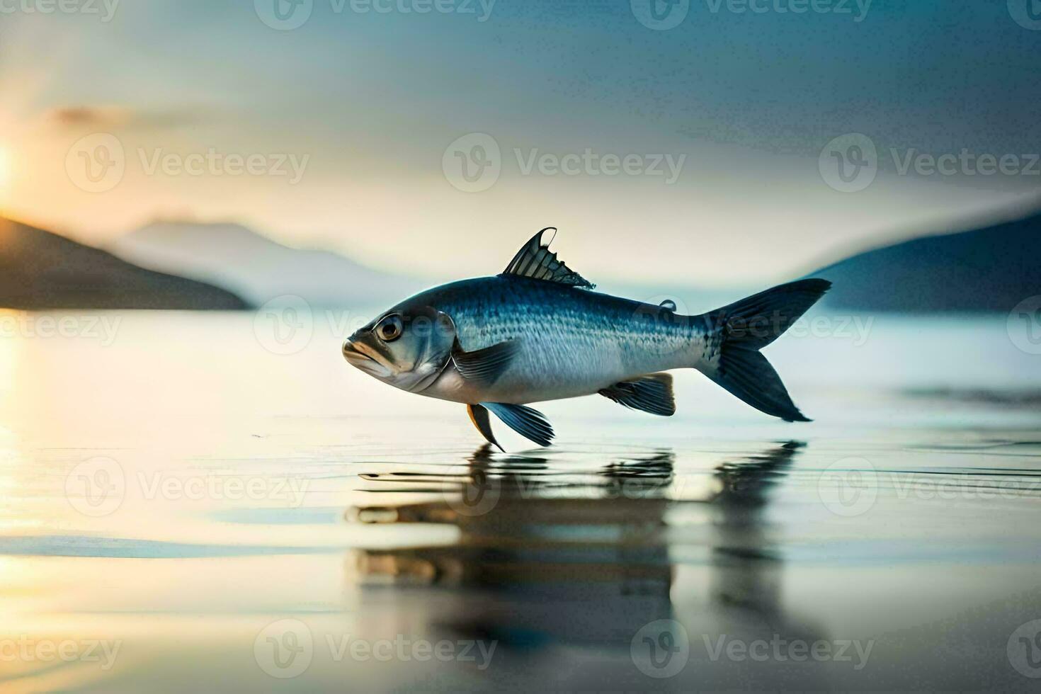 ein Fisch ist Stehen auf das Wasser beim Sonnenuntergang. KI-generiert foto