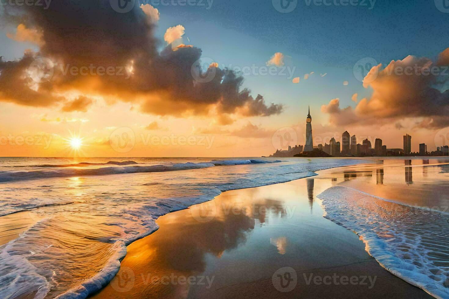 das Stadt Horizont ist reflektiert im das Wasser beim Sonnenuntergang. KI-generiert foto