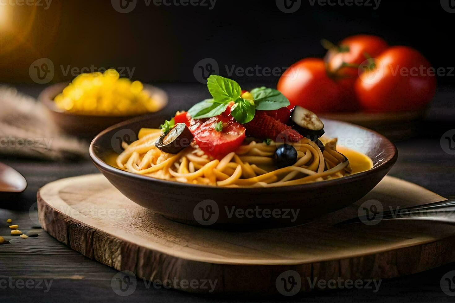 Spaghetti mit Tomaten und Basilikum auf ein hölzern Tisch. KI-generiert foto