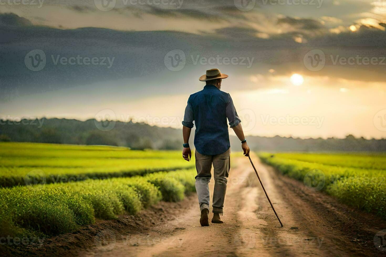 ein Mann Gehen im ein Feld mit Stock. KI-generiert foto