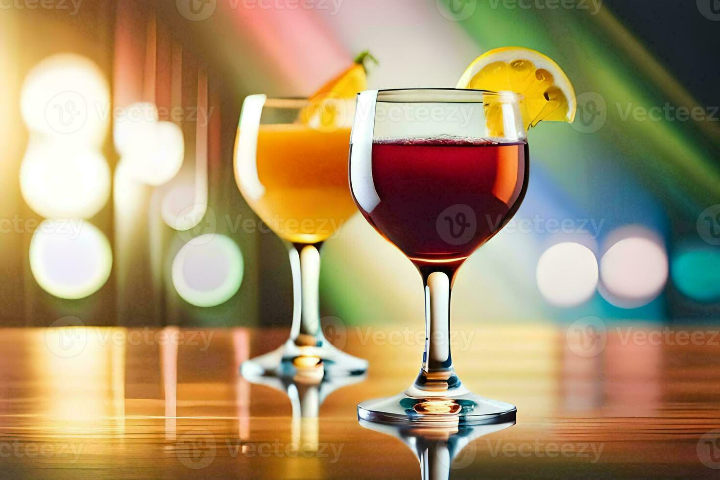 zwei Brille von Wein mit Orange Scheiben auf das Tisch. KI-generiert foto