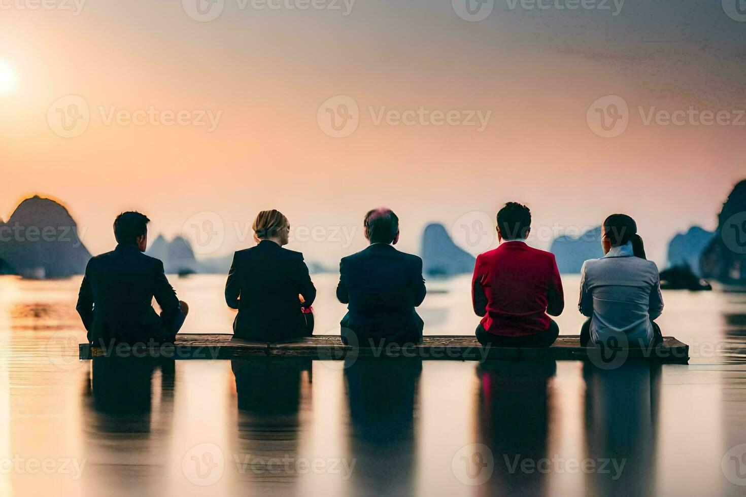 Geschäft Menschen Sitzung auf ein Dock beim Sonnenuntergang. KI-generiert foto