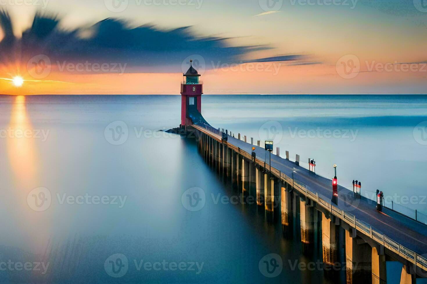 ein lange Exposition fotografieren von ein Leuchtturm beim Sonnenuntergang. KI-generiert foto