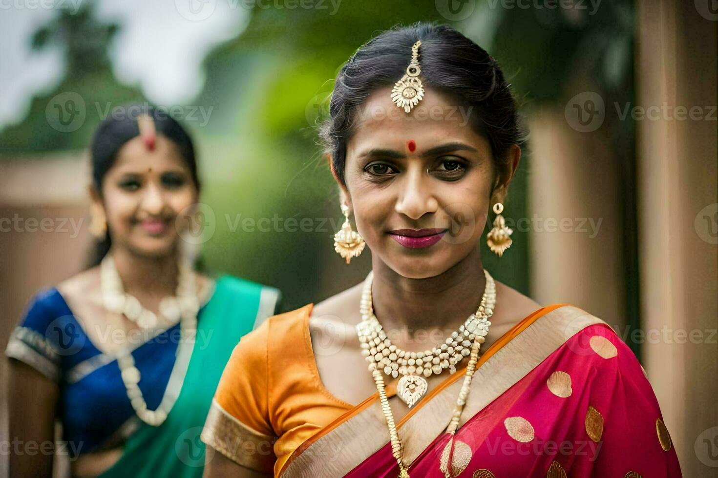 zwei Frauen im traditionell Saris posieren zum das Kamera. KI-generiert foto