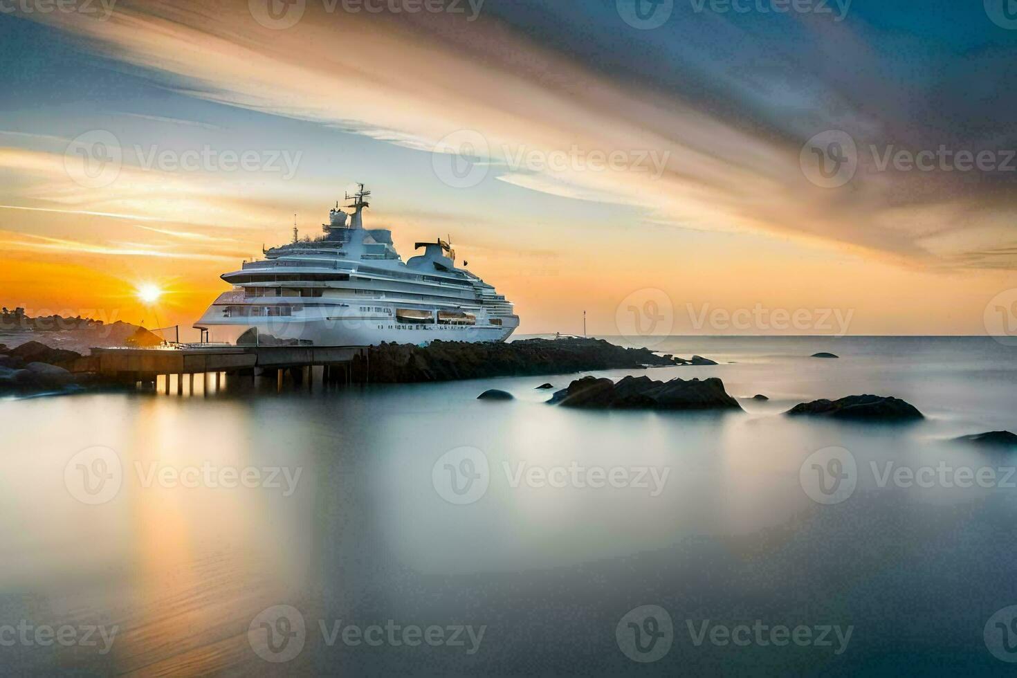 ein Luxus Yacht angedockt beim Sonnenuntergang. KI-generiert foto