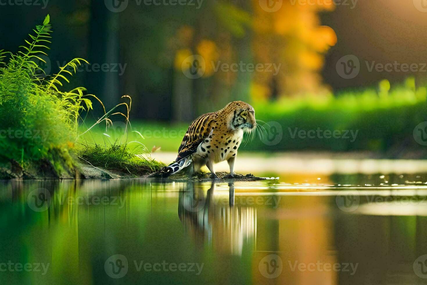 ein groß Eule Stehen auf das Kante von ein Fluss. KI-generiert foto