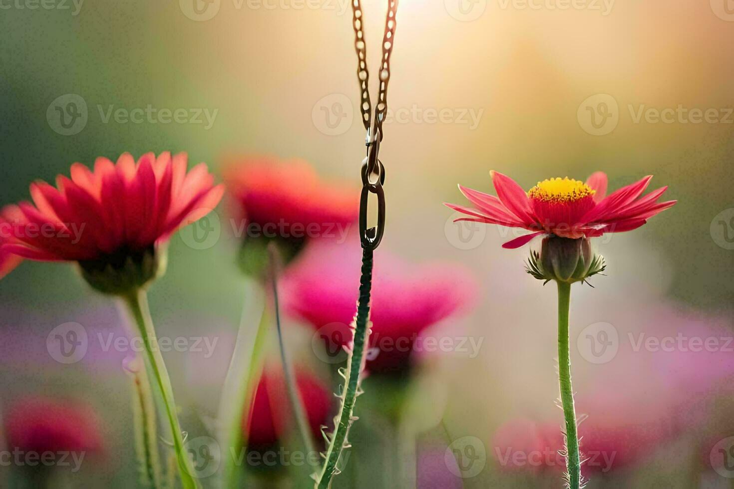 ein Kette hängend von ein Blume im das Sonne. KI-generiert foto