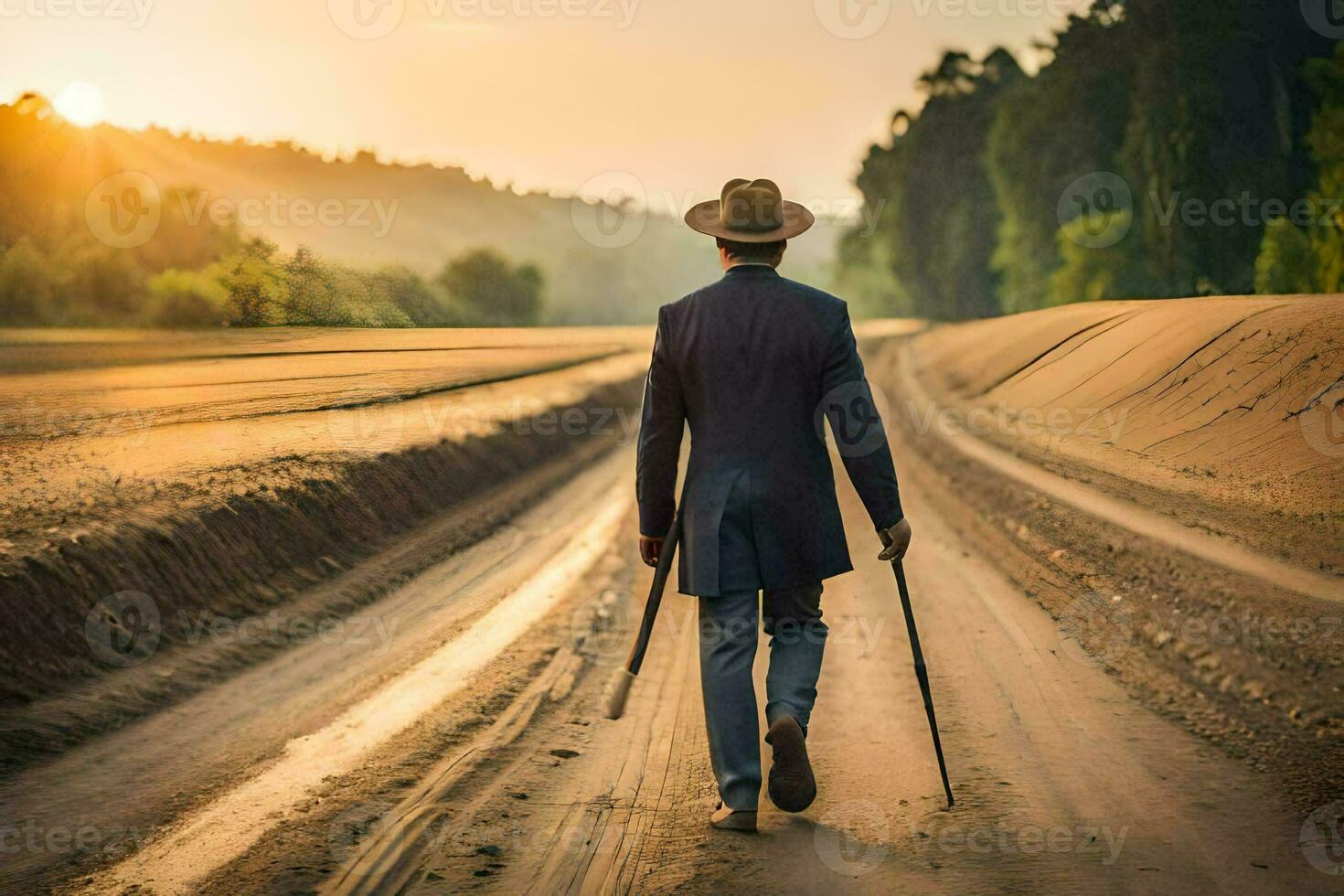 ein Mann im ein passen und Hut Gehen Nieder ein Schmutz Straße. KI-generiert foto