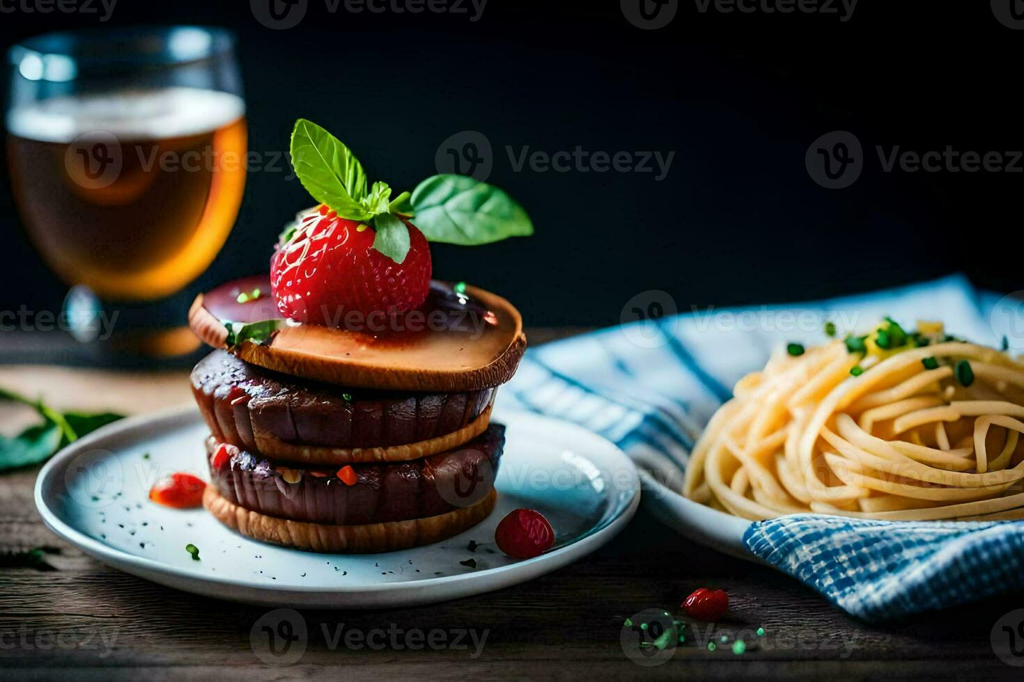 ein Teller von Pasta, Erdbeeren und ein Bier. KI-generiert foto