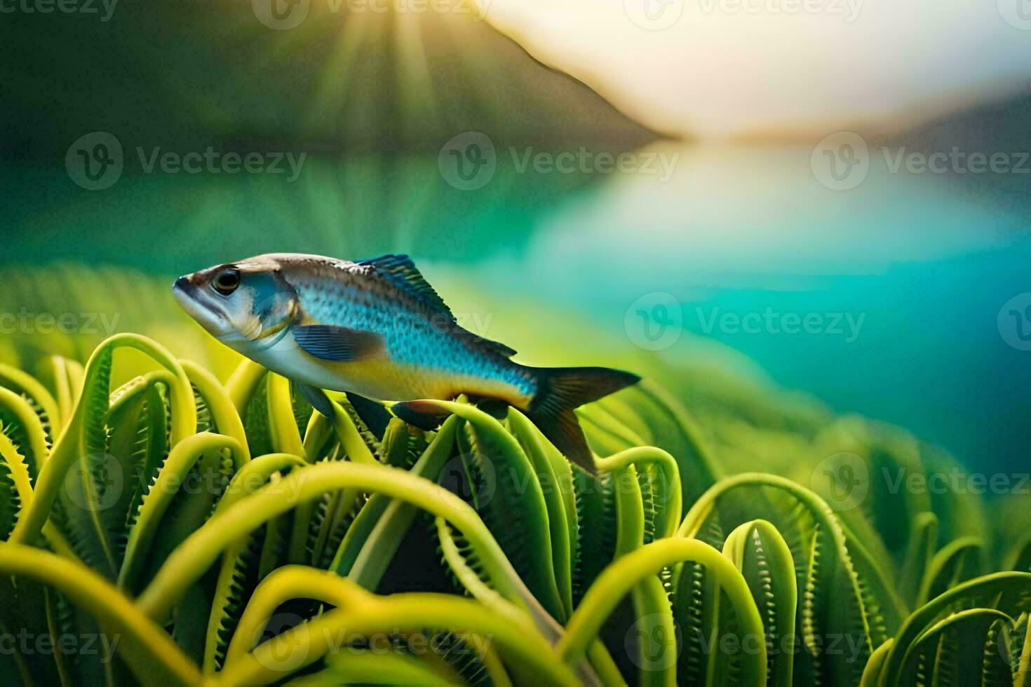 ein Fisch ist Sitzung auf oben von ein Grün Pflanze. KI-generiert foto