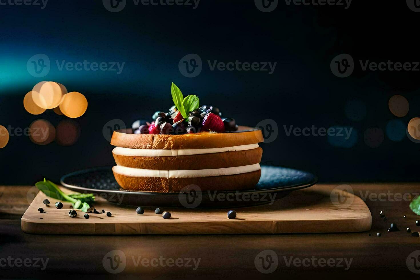 ein Kuchen mit Beeren und Minze auf ein hölzern Tisch. KI-generiert foto