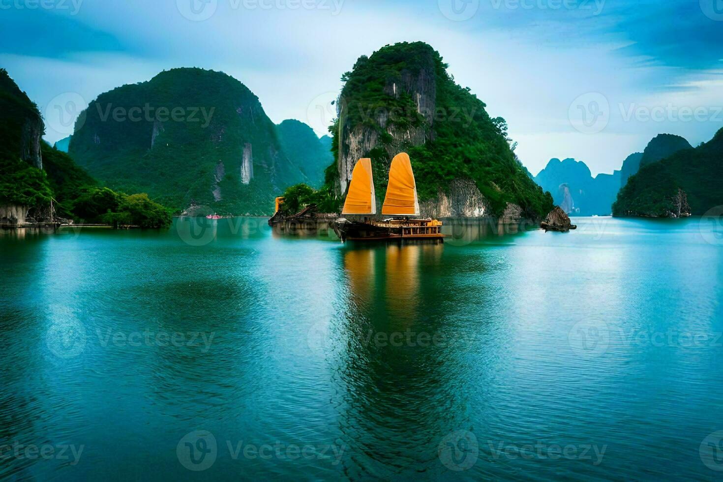 ein Boot im das Wasser mit Berge im das Hintergrund. KI-generiert foto