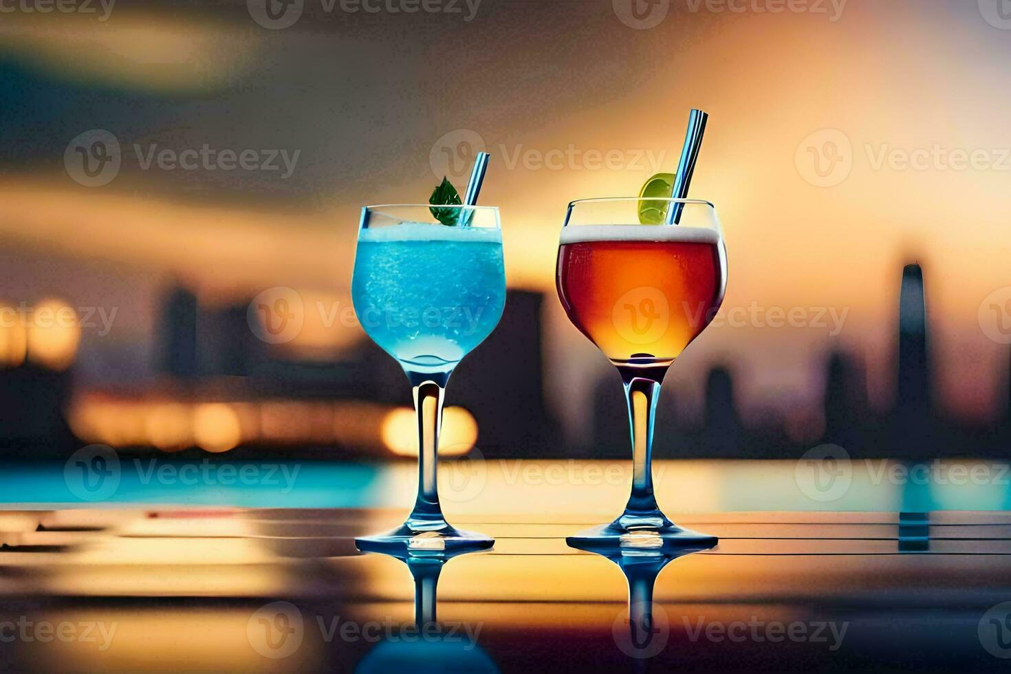 zwei Brille von Cocktails mit ein Stadt Horizont im das Hintergrund. KI-generiert foto