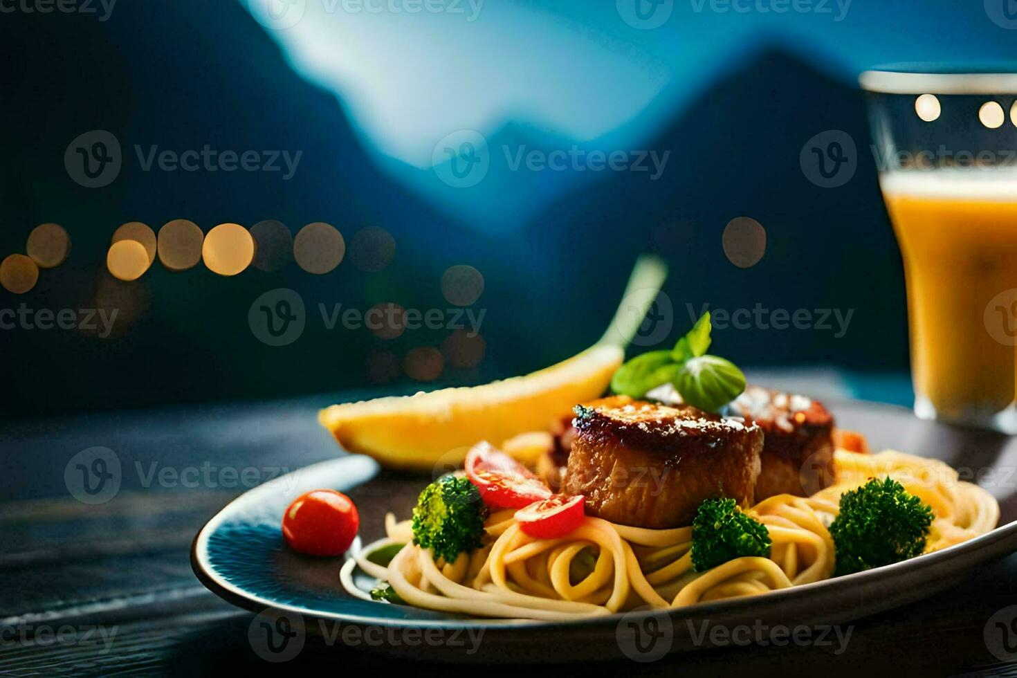 ein Teller von Pasta und Gemüse mit ein Glas von Orange Saft. KI-generiert foto