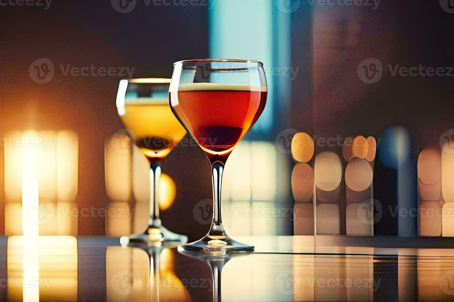 zwei Brille von Wein auf ein Tabelle im Vorderseite von ein Fenster. KI-generiert foto