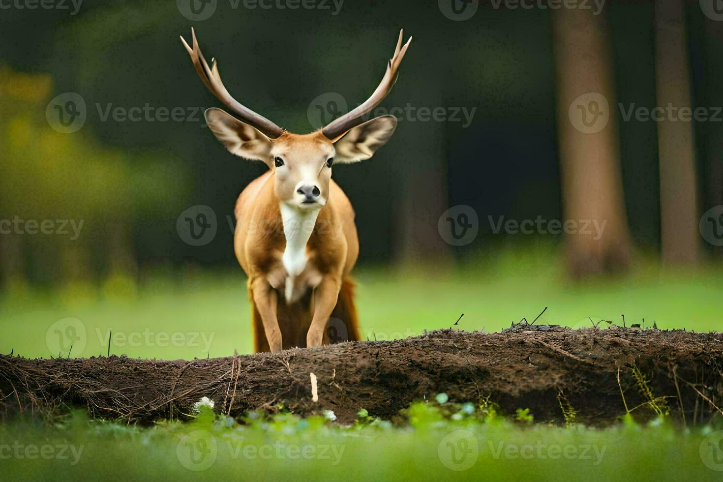 ein Hirsch mit groß Hörner Stehen im das Gras. KI-generiert foto