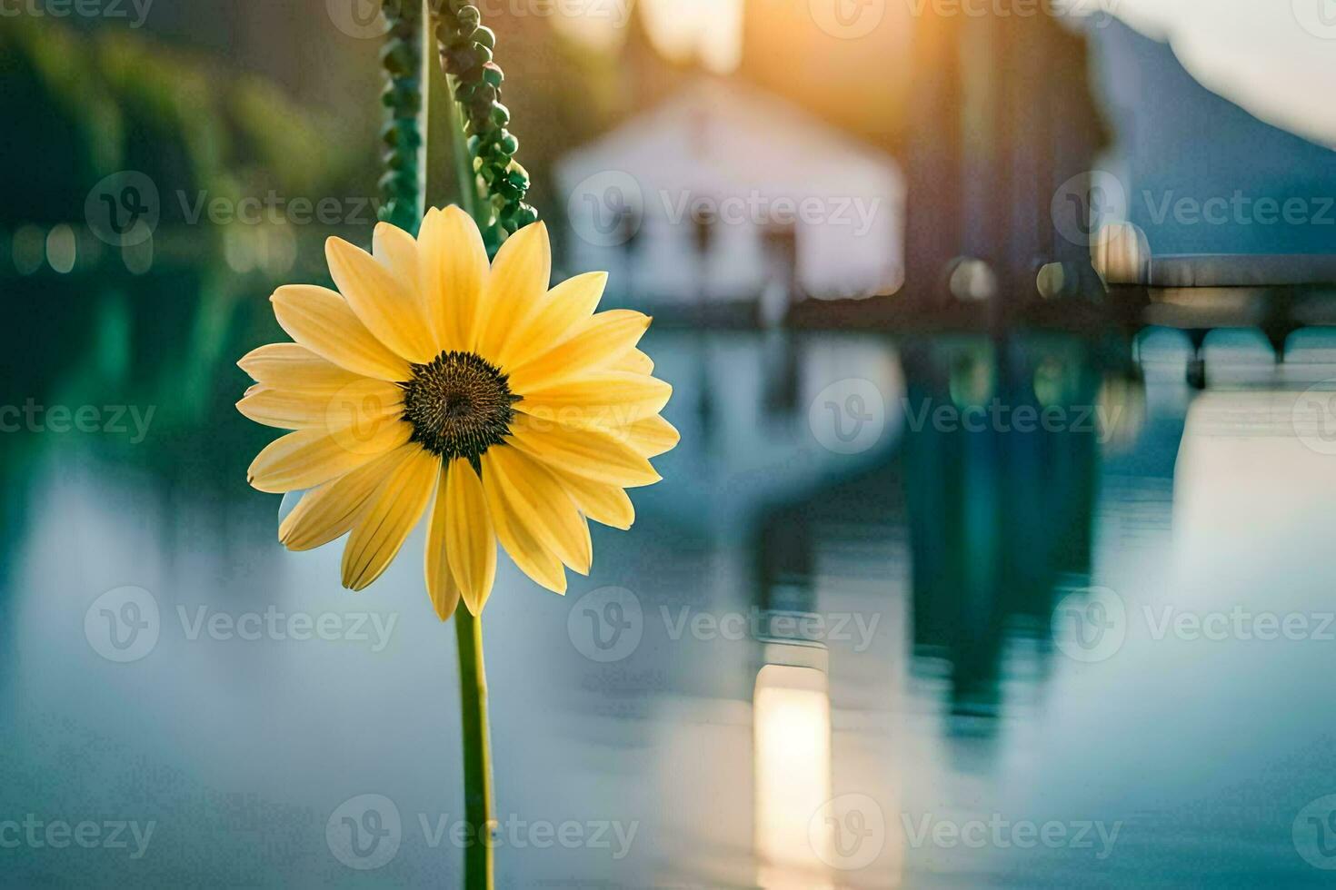 ein Gelb Blume ist Stehen im Vorderseite von ein See. KI-generiert foto