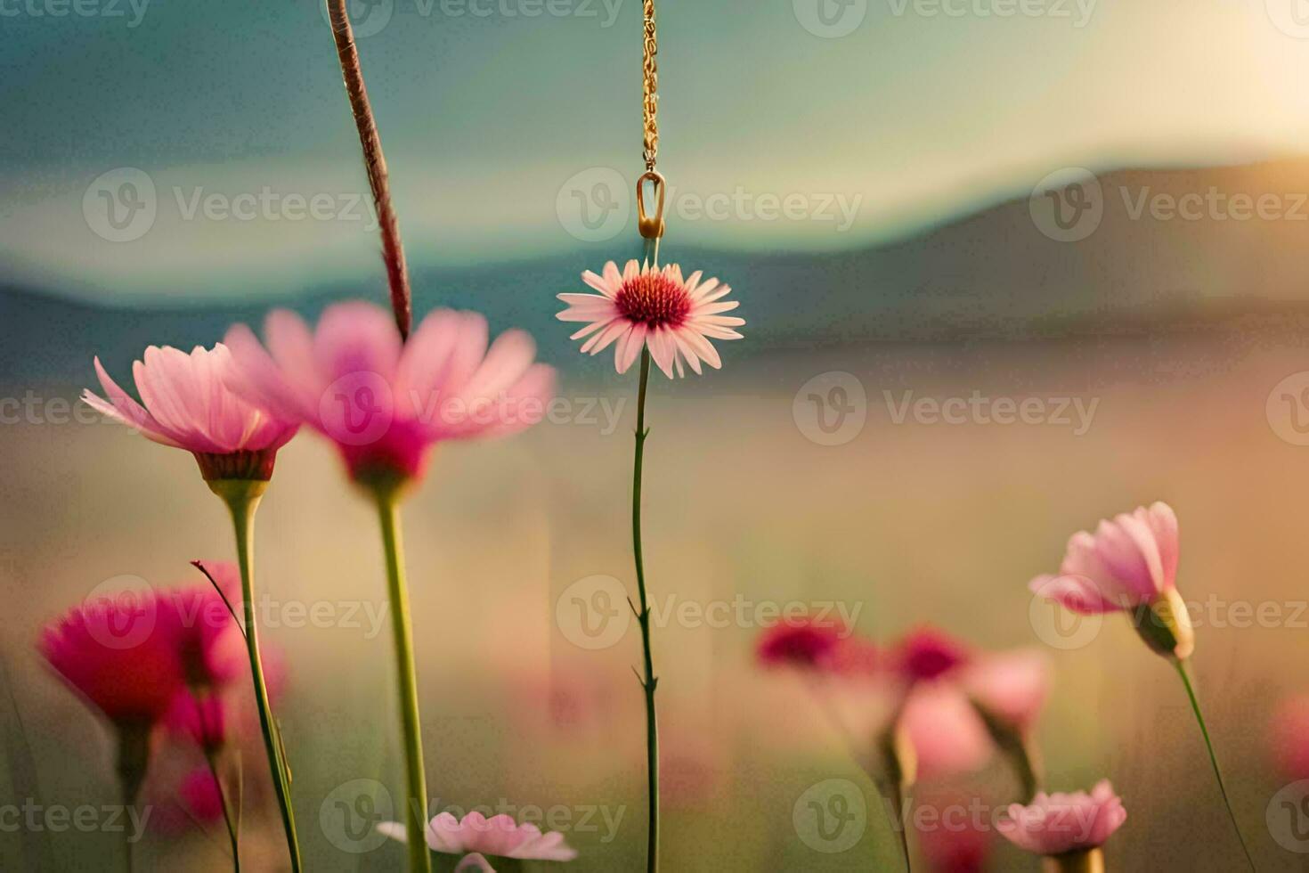 Rosa Blumen im ein Feld mit ein golden Halskette hängend von ein Baum. KI-generiert foto