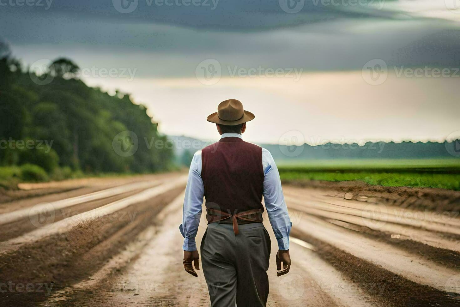 ein Mann im ein Hut und Weste Gehen Nieder ein Schmutz Straße. KI-generiert foto