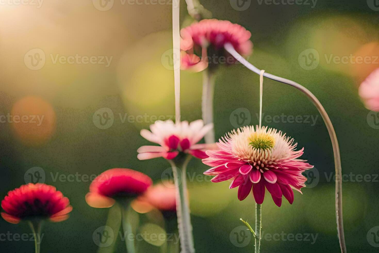 Rosa Blumen sind im das Sonne mit ein Grün Hintergrund. KI-generiert foto