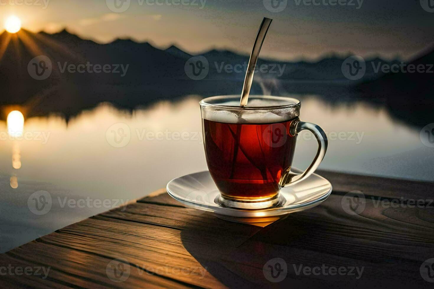 ein Tasse von Tee auf ein hölzern Tabelle im Vorderseite von ein See. KI-generiert foto