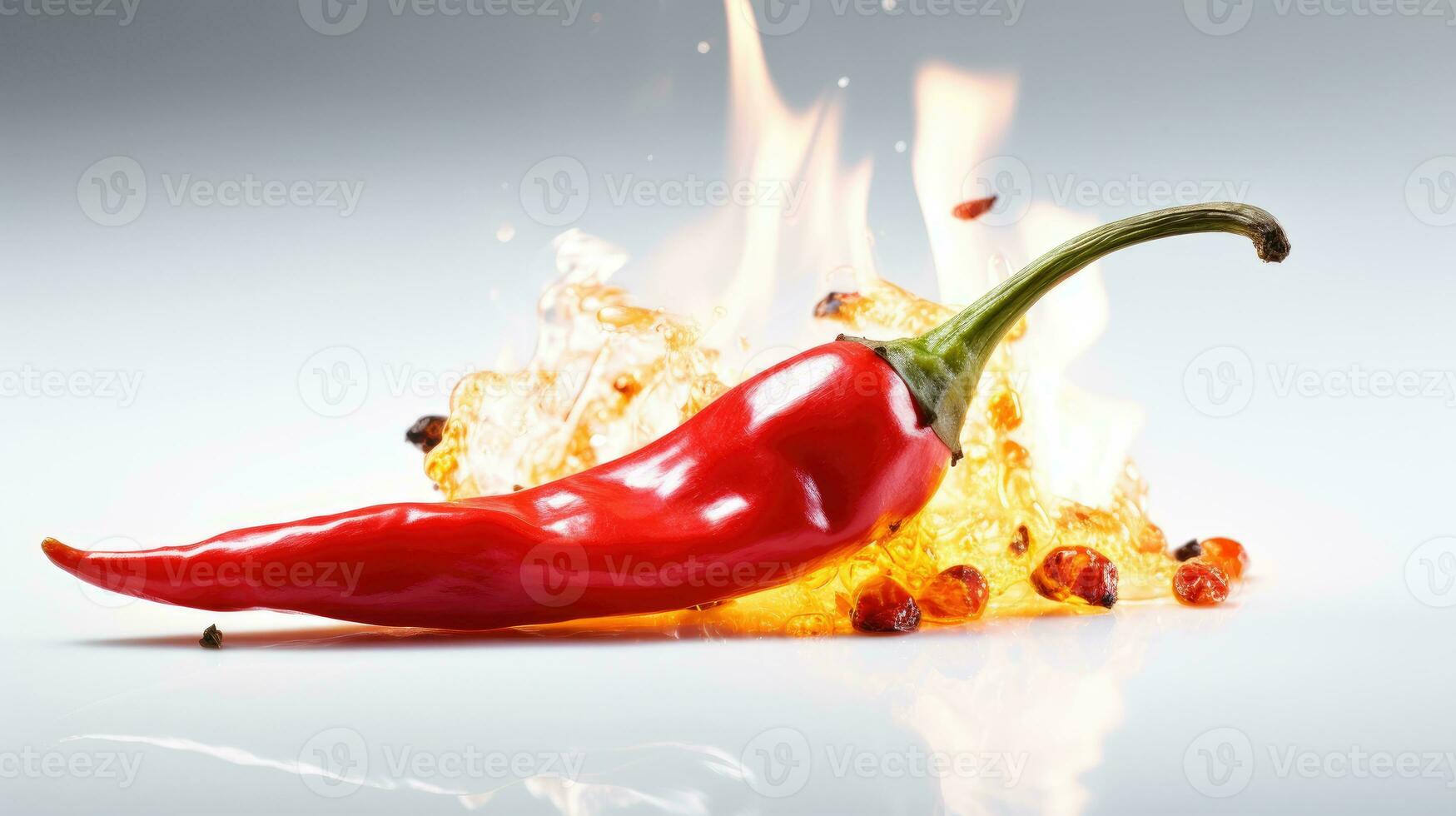 rot heiß Chili Pfeffer im heiß Brennen Kochen Öl mit Flamme isoliert auf Weiß Hintergrund. ai generiert foto