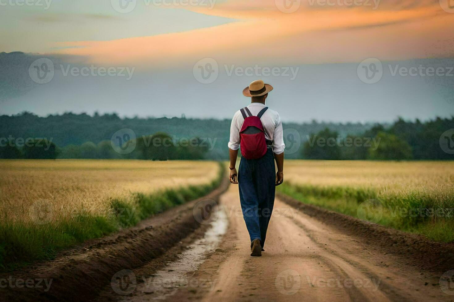 ein Mann mit ein rot Rucksack Gehen Nieder ein Schmutz Straße. KI-generiert foto