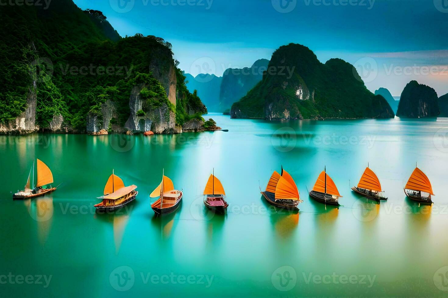 Boote im das Wasser mit Berge im das Hintergrund. KI-generiert foto