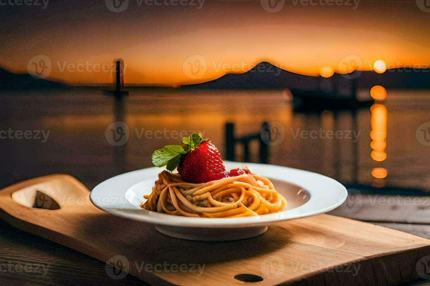 ein Teller von Spaghetti mit ein Erdbeere auf oben. KI-generiert foto