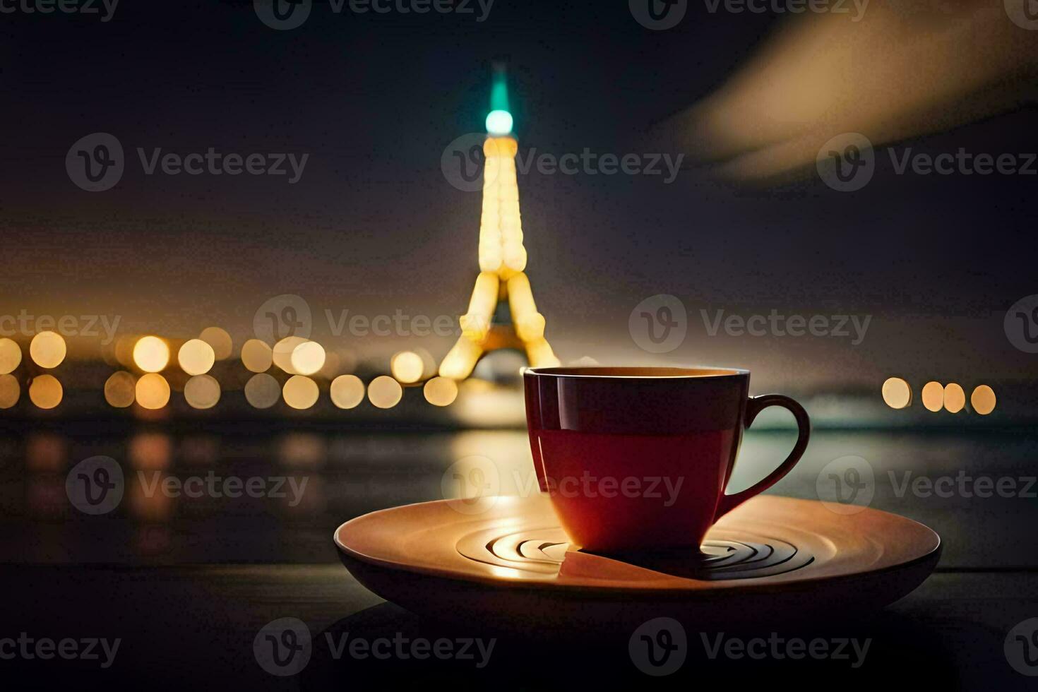 das Eiffel Turm, Paris, Frankreich, Nacht, Kaffee, Tasse, sa. KI-generiert foto