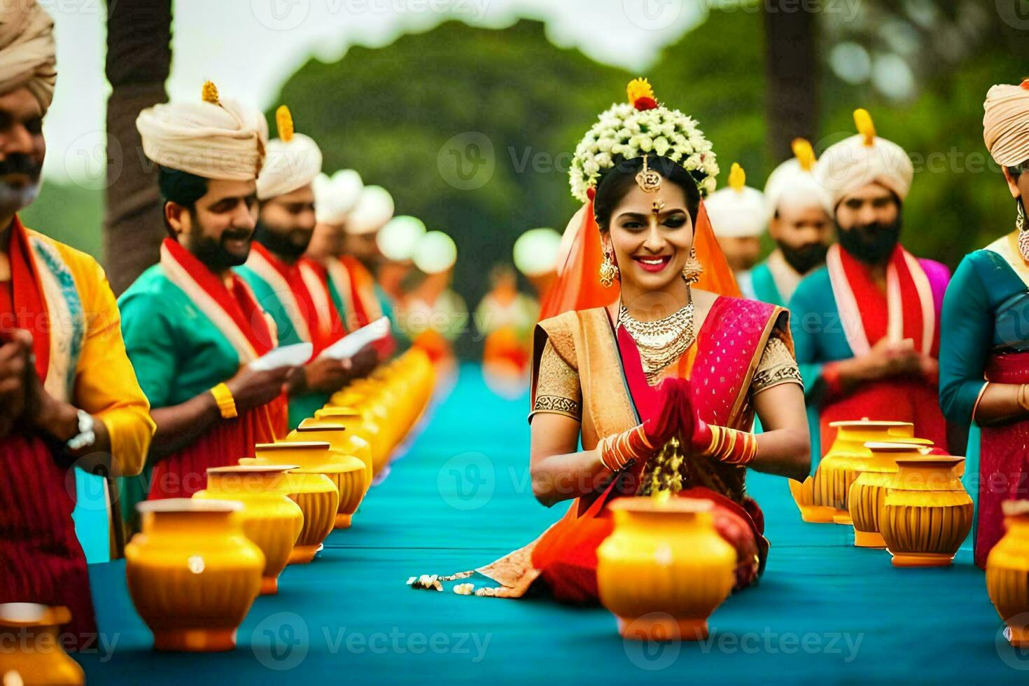 ein Braut im traditionell indisch Kleidung ist umgeben durch andere Frauen. KI-generiert foto