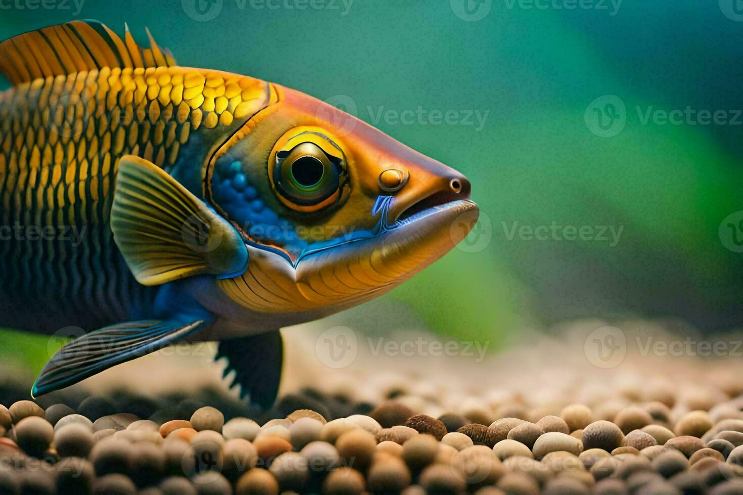 ein Fisch mit ein Blau und Gelb Körper ist Stehen auf etwas Kies. KI-generiert foto