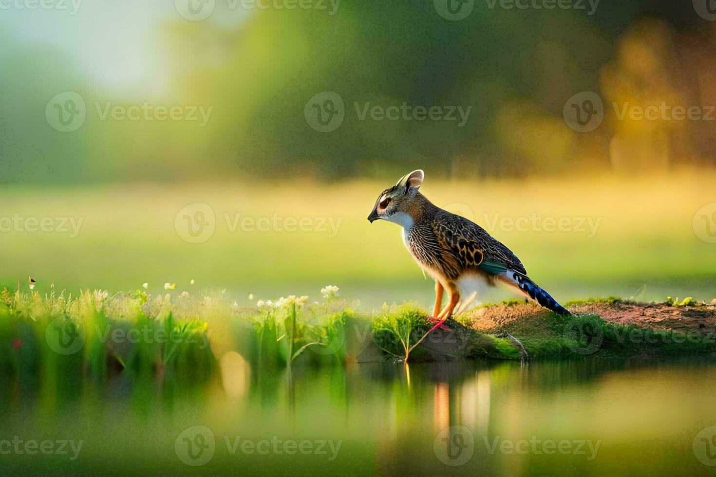 ein Vogel Stehen auf das Kante von ein See. KI-generiert foto