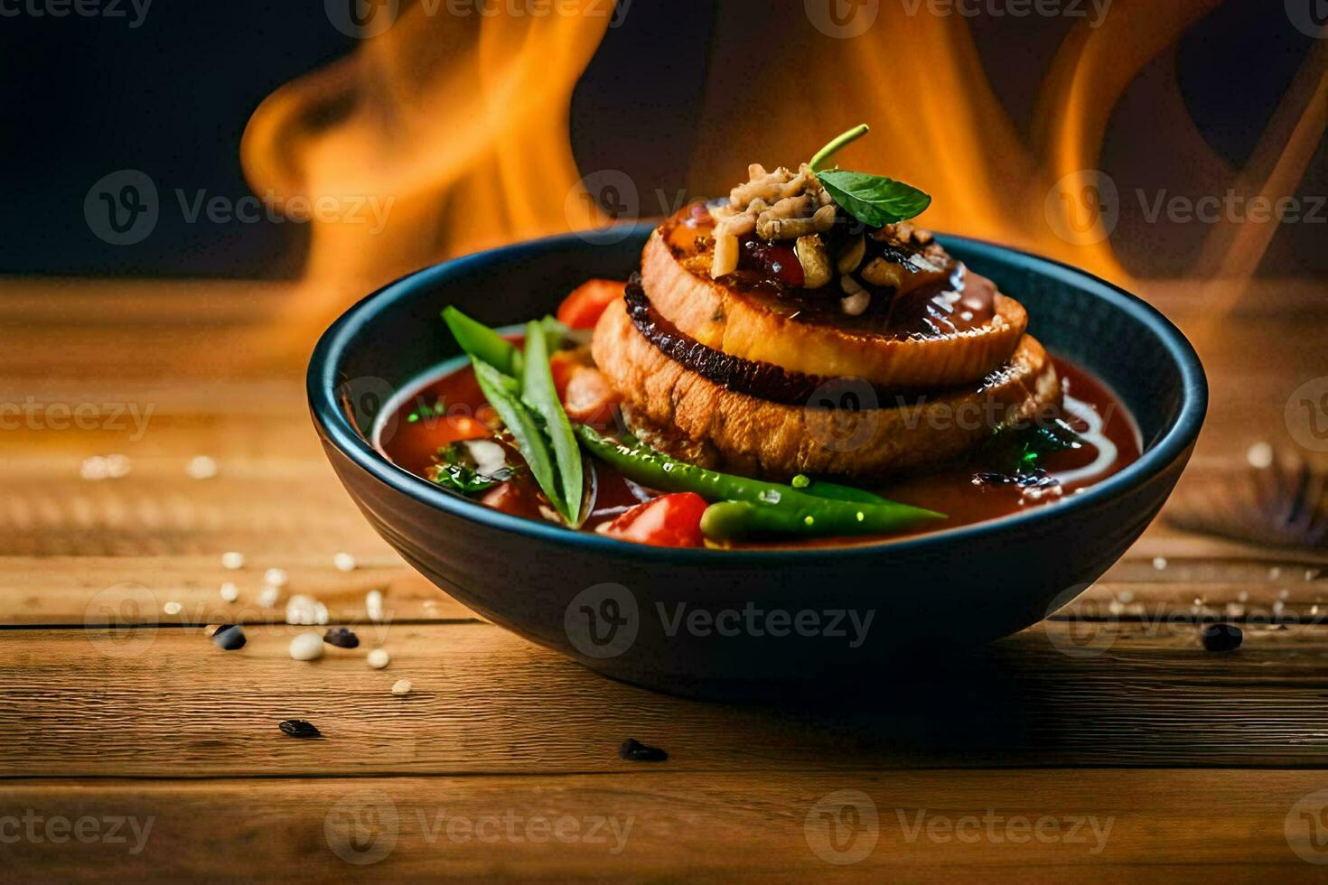 ein Schüssel von Essen mit Gemüse und Fleisch auf ein Tisch. KI-generiert foto