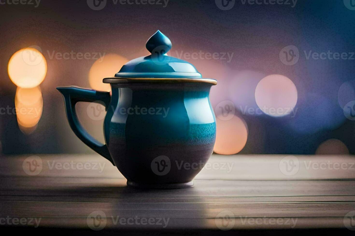 ein Blau Teekanne auf ein hölzern Tisch. KI-generiert foto