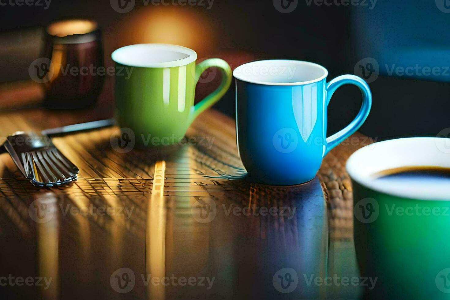 drei Kaffee Tassen sitzen auf ein Tabelle mit ein Gabel und Messer. KI-generiert foto