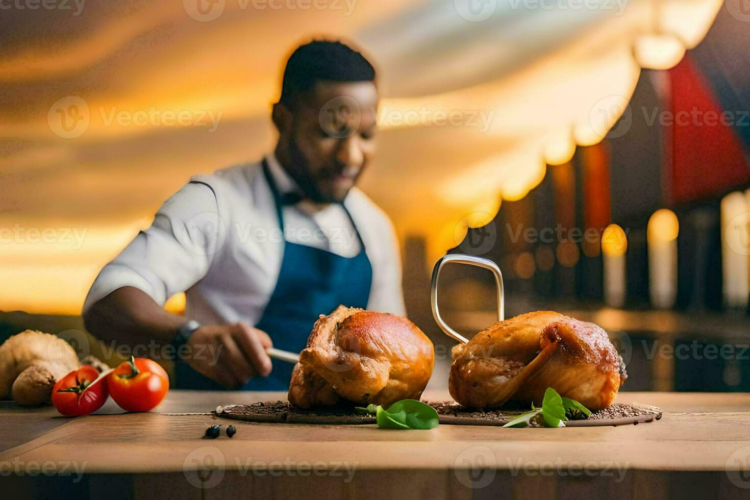 ein Mann im Schürze vorbereiten Essen auf ein Tisch. KI-generiert foto