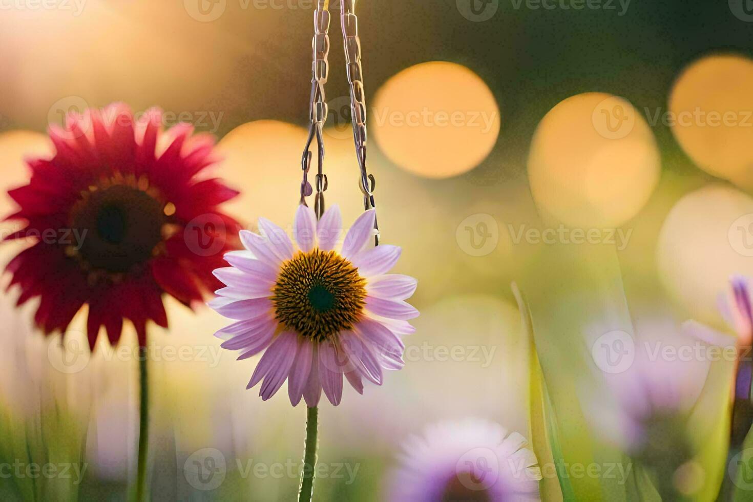 ein Blume ist hängend von ein Kette im ein Feld. KI-generiert foto