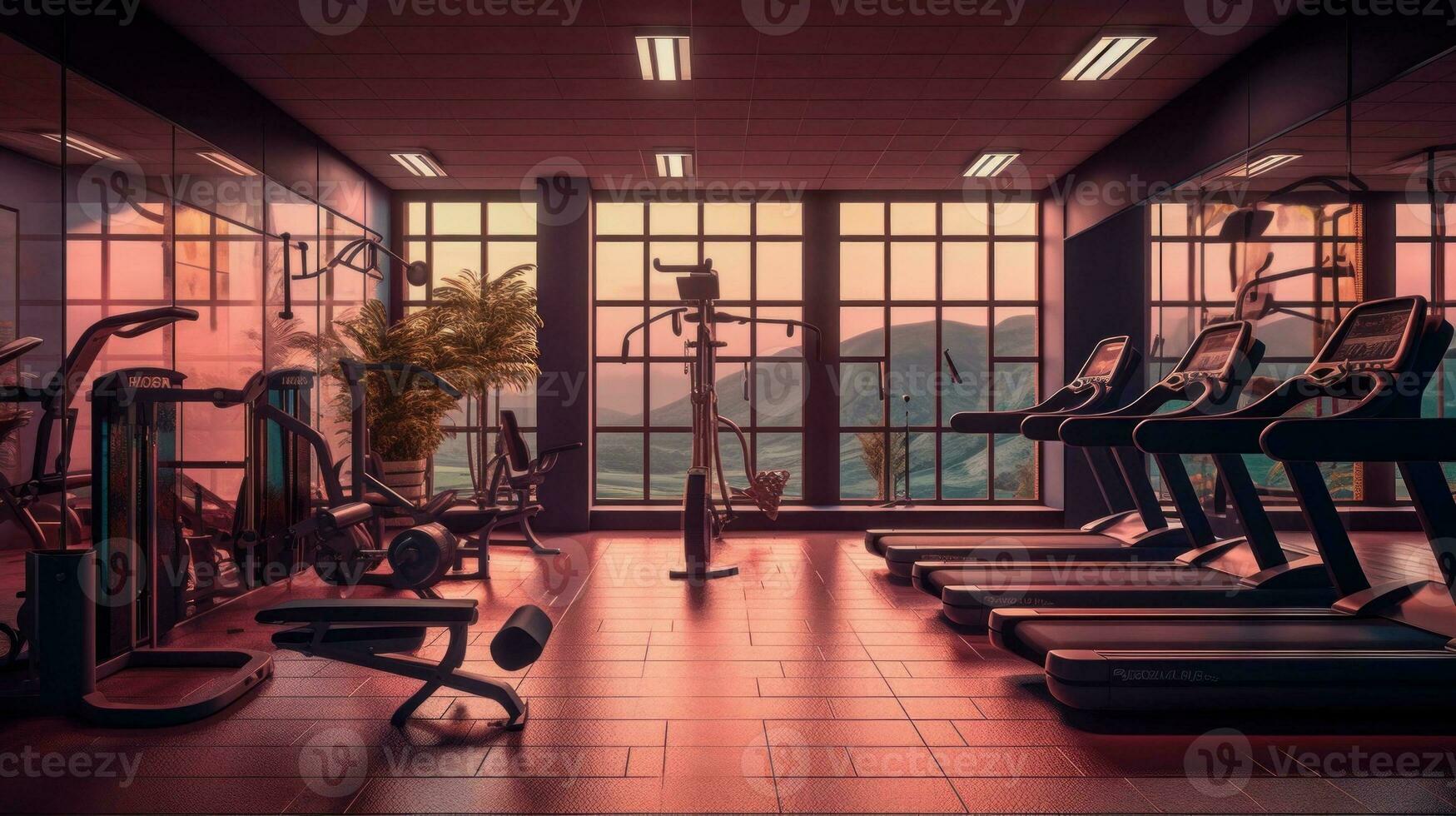 ai generativ Innere von ein modern Fitnessstudio mit Fitness Ausrüstung. 3d Rendern foto