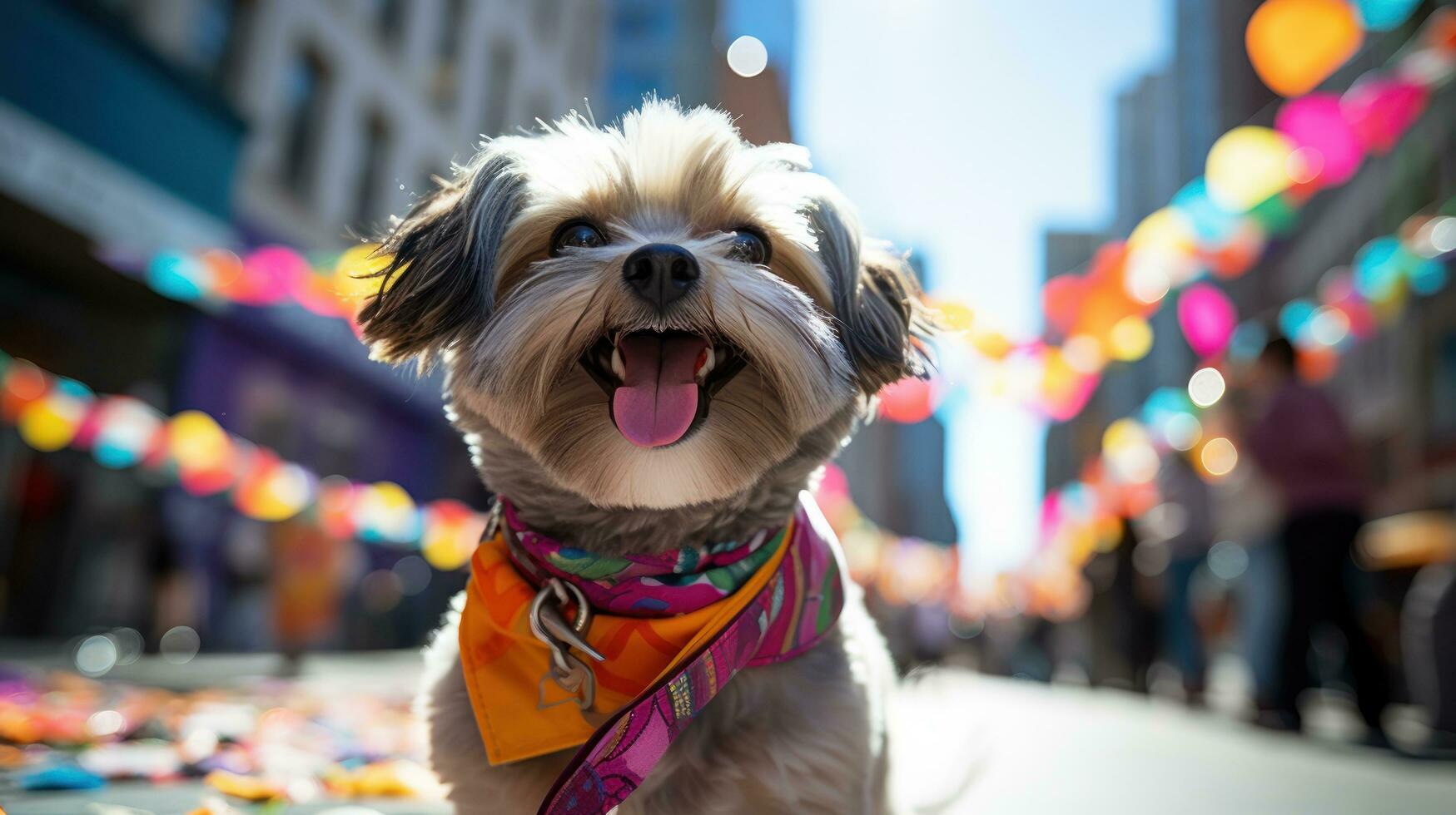 shih tzu mit ein spielerisch Haarknoten, Sitzung auf ein bunt Decke foto