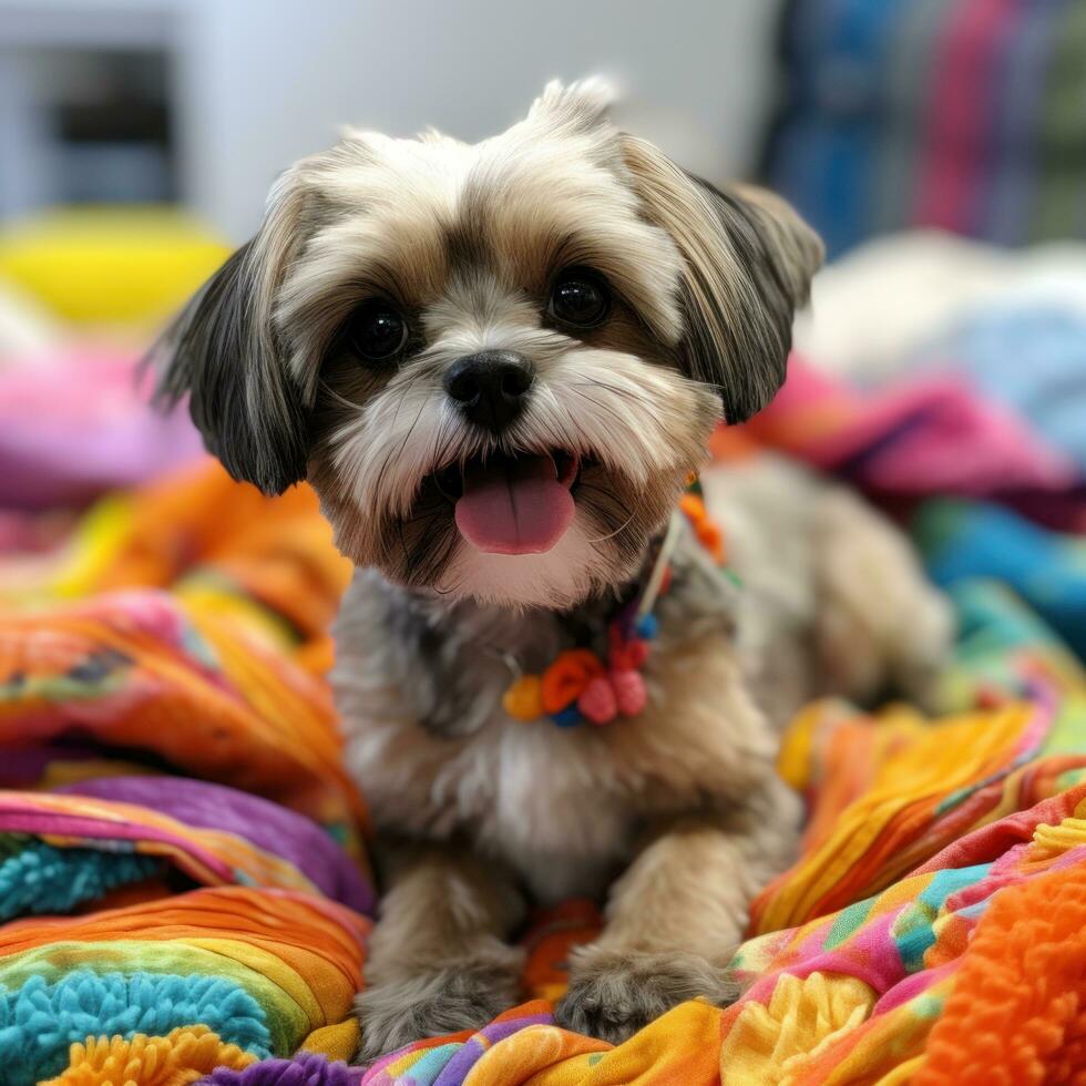 shih tzu mit ein spielerisch Haarknoten, Sitzung auf ein bunt Decke foto