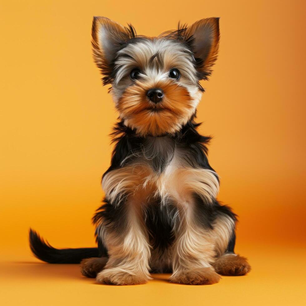 Yorkshire Terrier mit ein glatt und modern Hündchen Schnitt auf foto