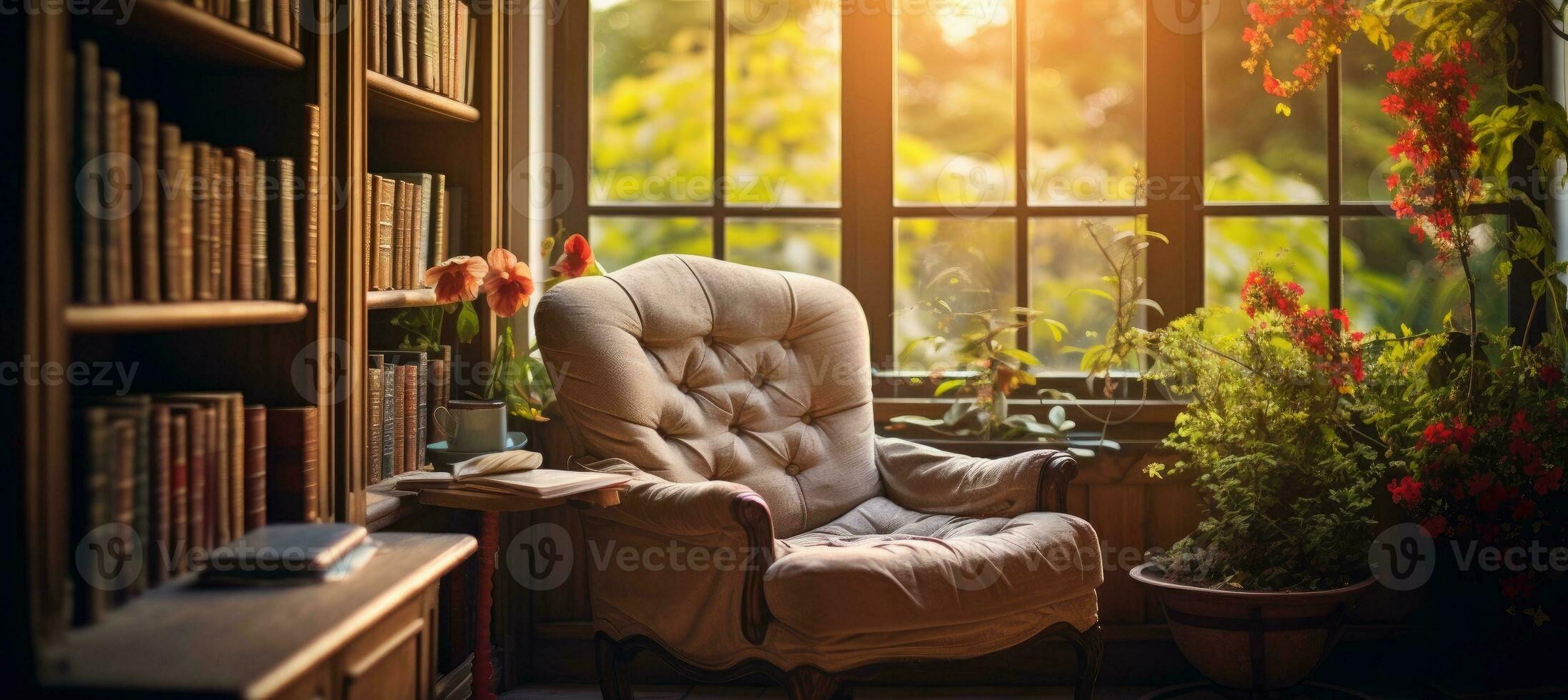 ein gemütlich lesen Zimmer mit ein Sessel und ein Bücherregal und ein groß Fenster. generativ ai foto